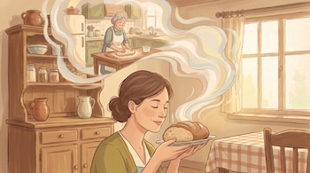 Mujer joven huele pan caliente en plato. Nube de pensamiento con mujer mayor amasando masa en una cocina con mueble, ventana y mesa.