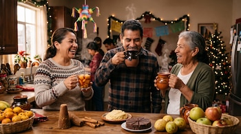 Tres personas sostienen tazas con bebidas humeantes tras una mesa con frutas, masa, piloncillo, canela y chocolate.