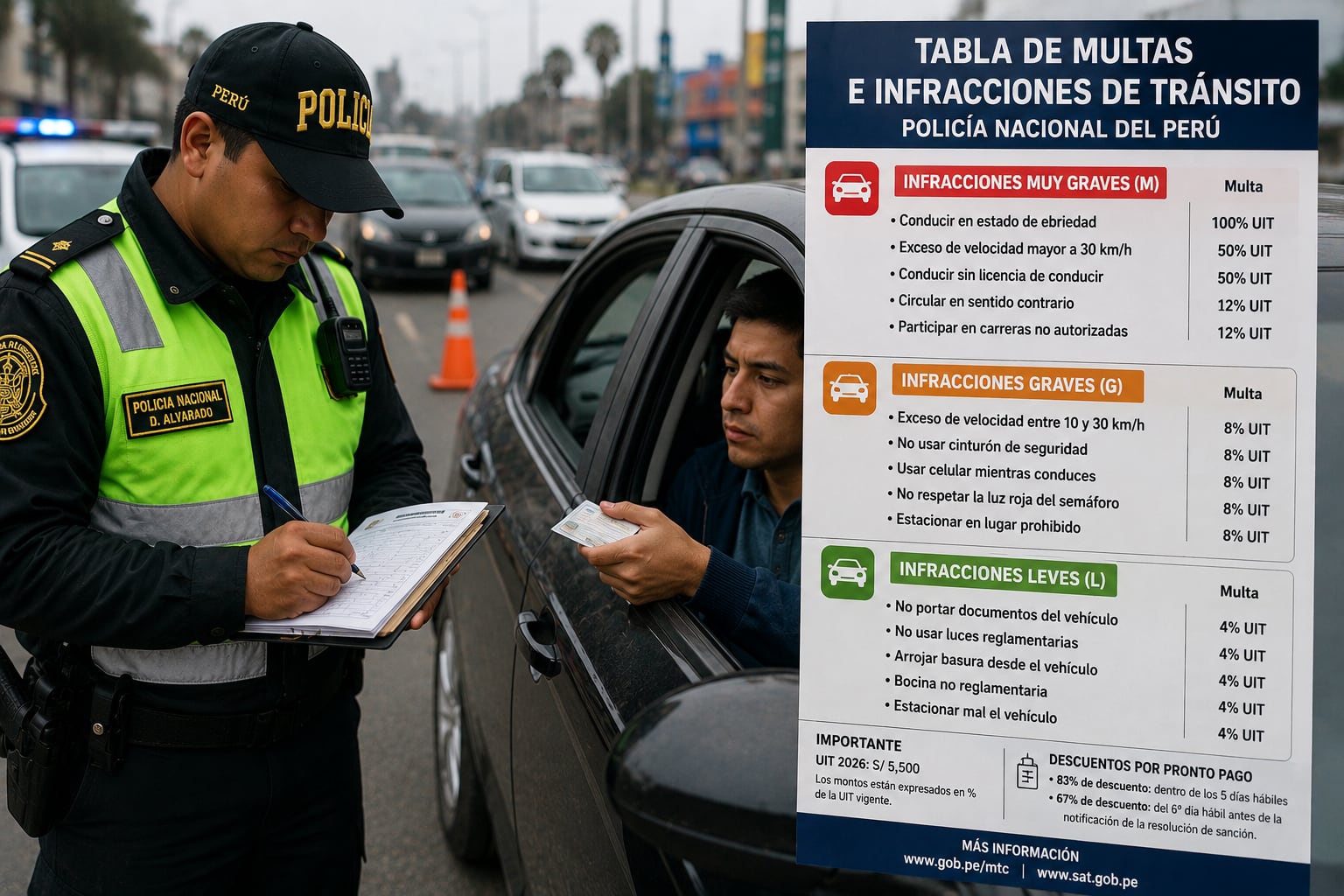 Multas de tránsito 2026 en Perú: tabla completa de infracciones que la PNP te puede poner y cuánto debes pagar