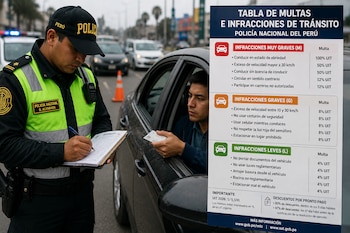 Un policía escribe en un formulario mientras un conductor le entrega un documento desde su auto, al lado de una tabla de multas de tránsito