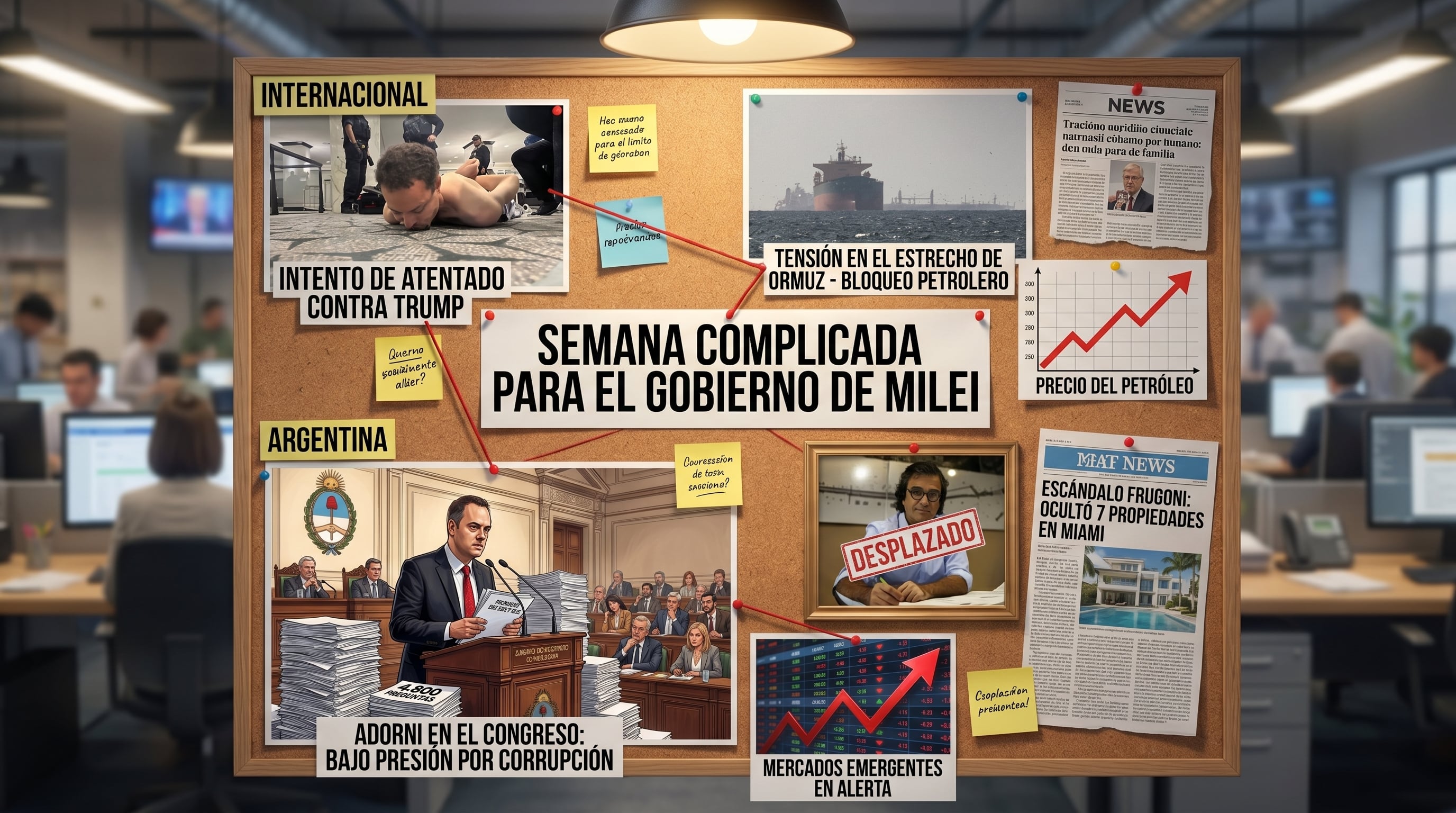 Un tablón de anuncios ilustra la compleja semana del gobierno de Javier Milei, marcada por eventos internacionales como el intento de atentado a Trump y la tensión en Ormuz, y problemas internos de corrupción. (Imagen Ilustrativa Infobae)