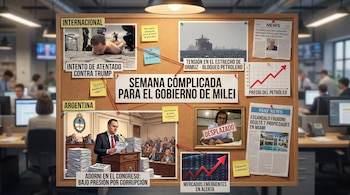 Tablón de anuncios de corcho con varias fotos y titulares de noticias internacionales y argentinas, junto a gráficos que indican movimientos económicos.