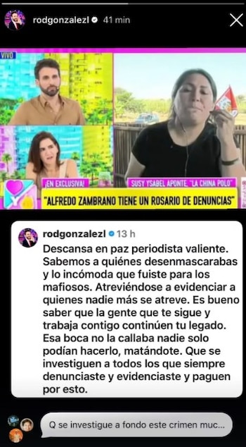 Rodrigo González recuerda a ‘La China Polo’ tras crimen en Caraz: “Descansa en paz periodista valiente”. Captura: IG.