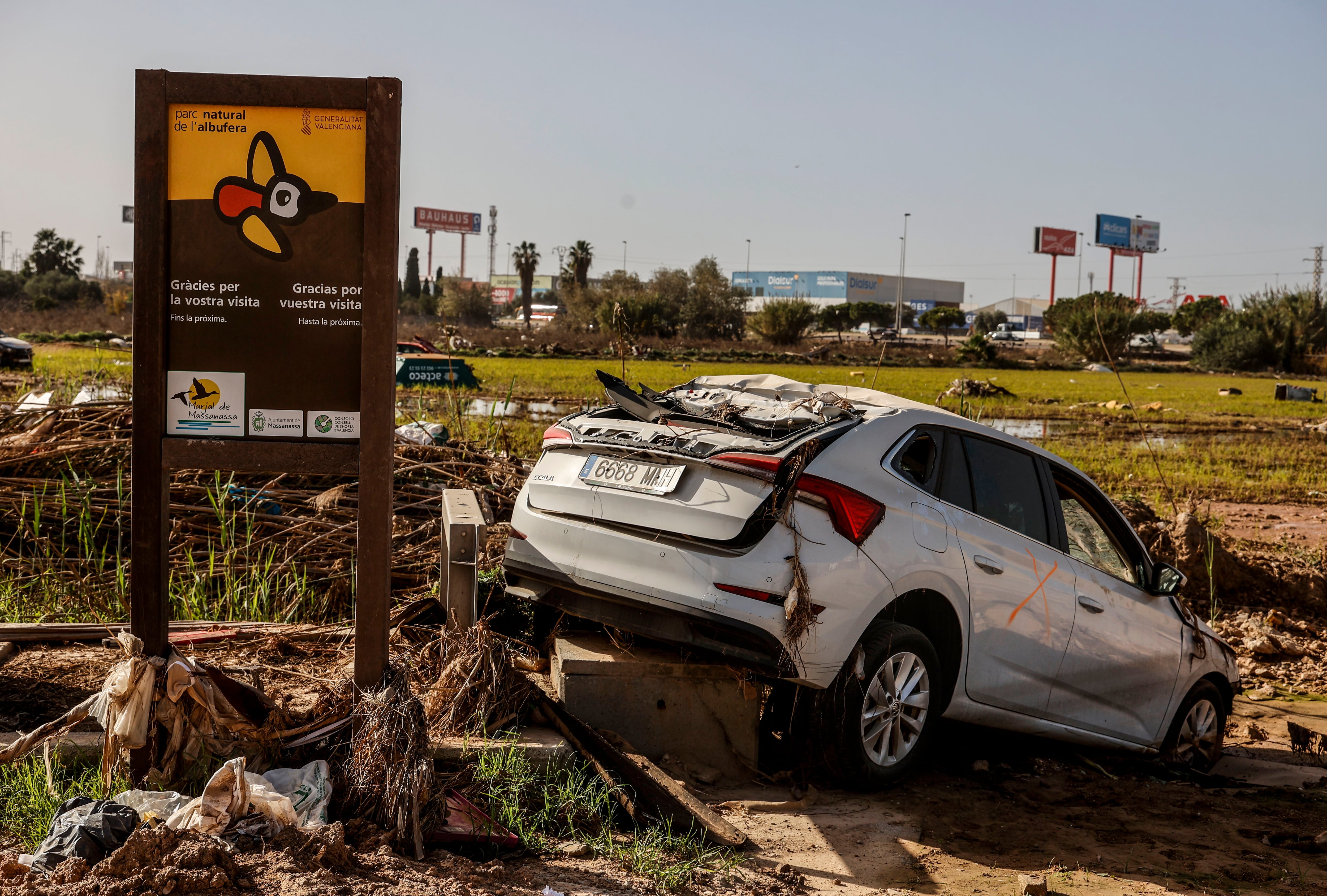 Un vehículo en un campo de arrozales en las inmediaciones de la Albufera, a un mes del paso de la DANA por Valencia, a 29 de noviembre de 2024, en Valencia, Comunidad Valenciana (España). (Rober Solsona/Europa Press)