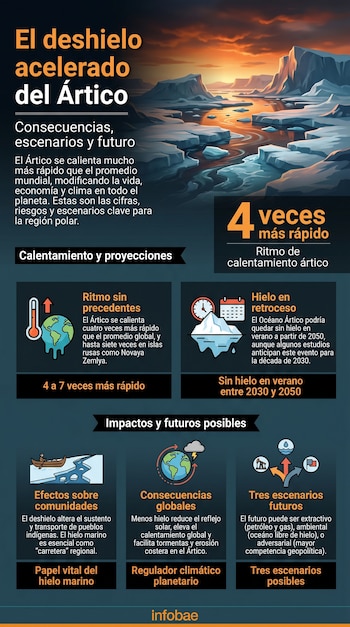 Paisaje ártico al atardecer con icebergs flotando en agua que refleja el cielo rojizo-anaranjado, flanqueado por montañas nevadas.