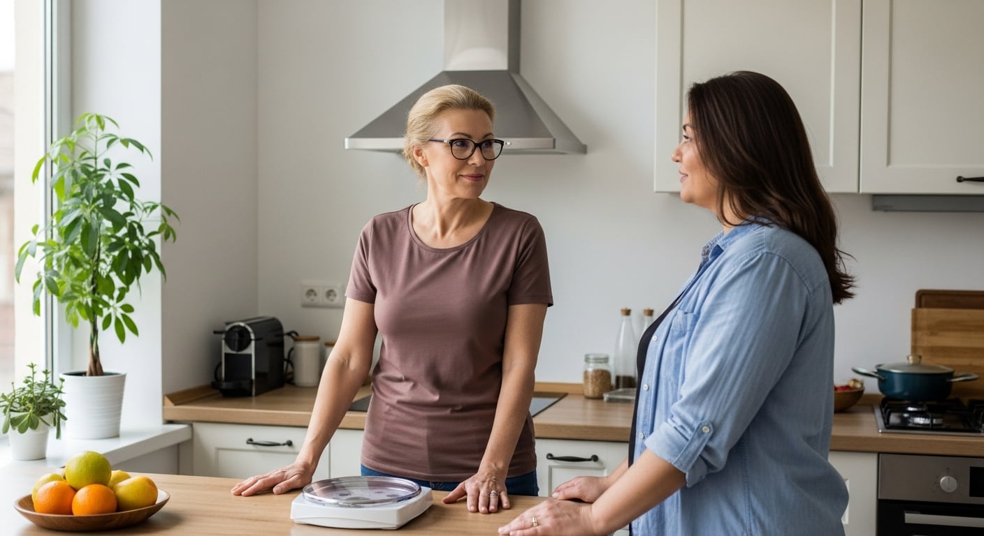 Dos mujeres, una de ellas con gafas y una báscula cercana, conversan amenamente en una cocina moderna, abordando temas de bienestar y los cuidados necesarios durante la menopausia. (Imagen Ilustrativa Infobae)