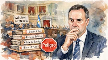 Acuarela de un político en primer plano, pensativo. Detrás, el Congreso con bandera argentina, un cartel de 'Moción de Censura', libros sobre leyes y un signo de 'Peligro'.