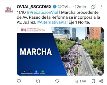 La manifestación que avanza desde Avenida Paseo de la Reforma ya circula por Avenida Juárez. Como ruta alternativa, se recomienda Eje 1 Norte (captura de pantalla)