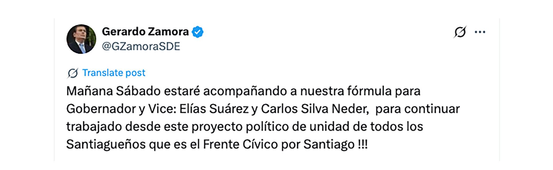 El posteo del gobernador Gerardo Zamora, de Santiago del Estero