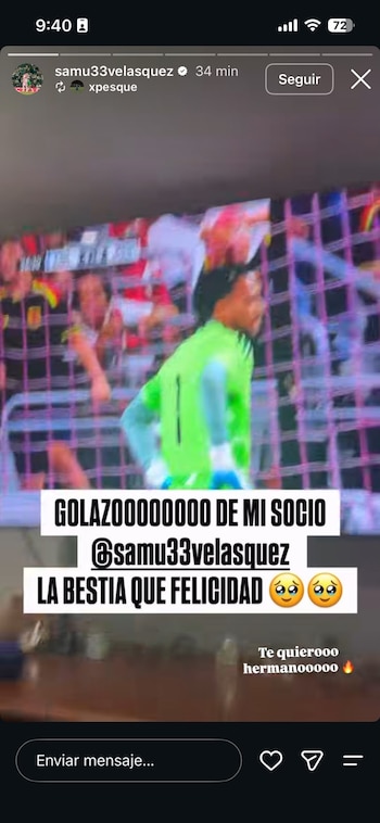 La celebración de Pesque, creador de contenido, tras la anotación de Samuel Velázquez con la selección Colombia - crédito @samu33velasquez/Instagram