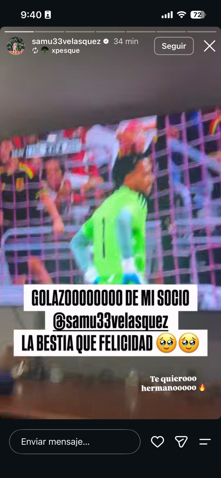 La celebración de Pesque, creador de contenido, tras la anotación de Samuel Velázquez con la selección Colombia - crédito @samu33velasquez/Instagram