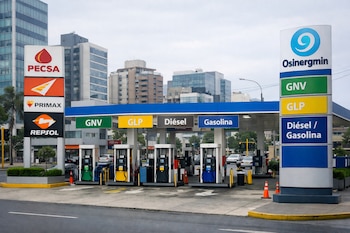Estación de servicio peruana con surtidores de GNV, GLP, Diésel y Gasolina. Tótems con logos de Osinergmin y marcas de combustible. Edificios urbanos al fondo.