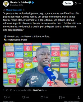 El delantero se lamentó por la eliminación del Vasco-crédito @futebol_info/X