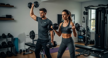 Hombre y mujer entrenando con mancuernas ajustables en un gimnasio casero bien iluminado, ambos con ropa deportiva, levantando pesas.