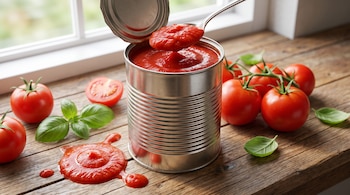 Una lata de puré de tomate abierta, cuchara con puré, tomates rojos, tomate cortado, hojas de albahaca, puré derramado y una mesa de madera.