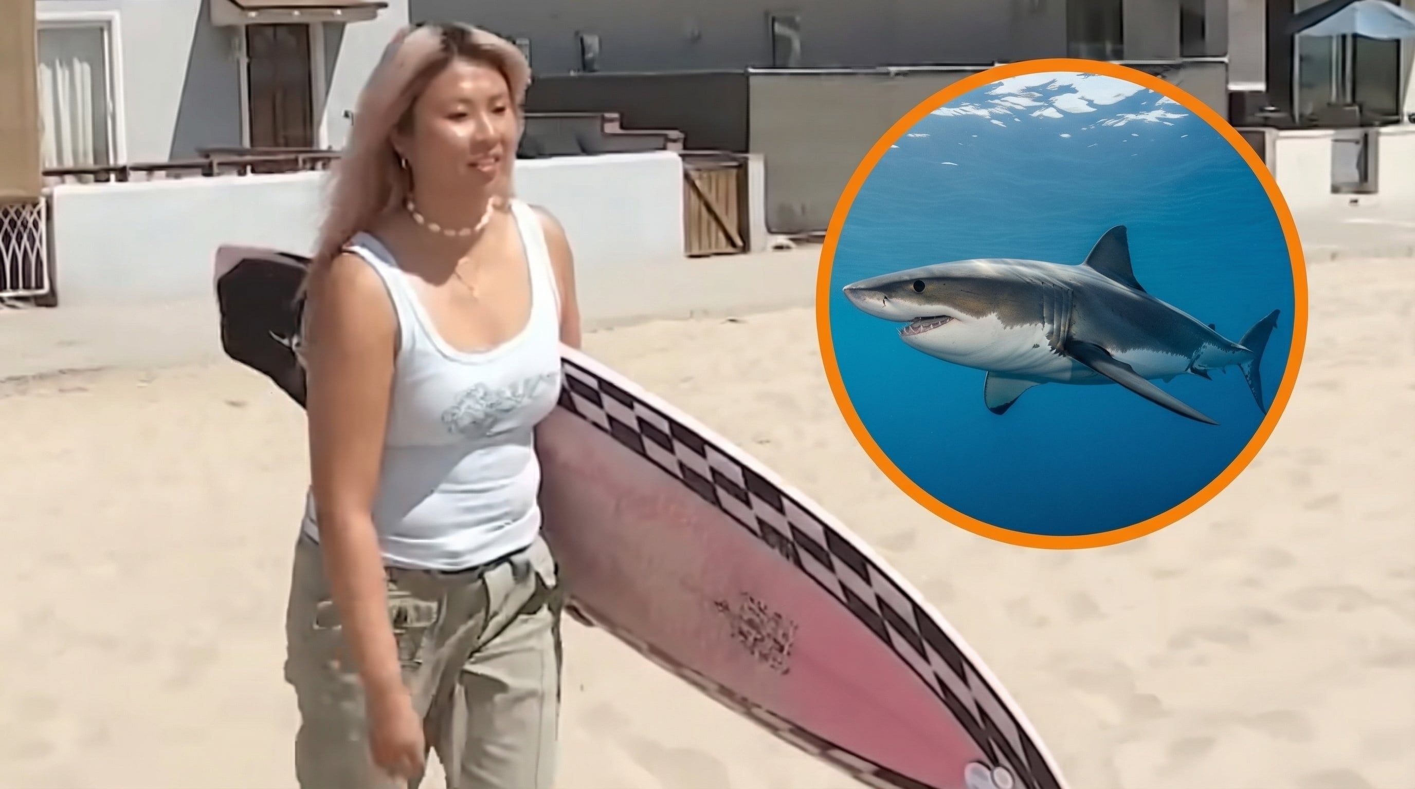 Vivian Phong-Ngo, surfista local, nunca había observado un animal mayor a una mantarraya en Newport Beach hasta este suceso (Captura de video: KTLA 5).