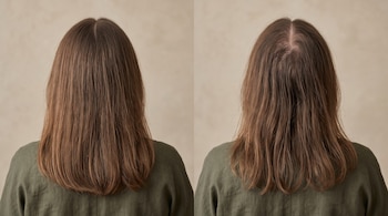 Vista posterior de una mujer de cabello castaño dividido en dos imágenes que comparan distinta densidad y volumen capilar.