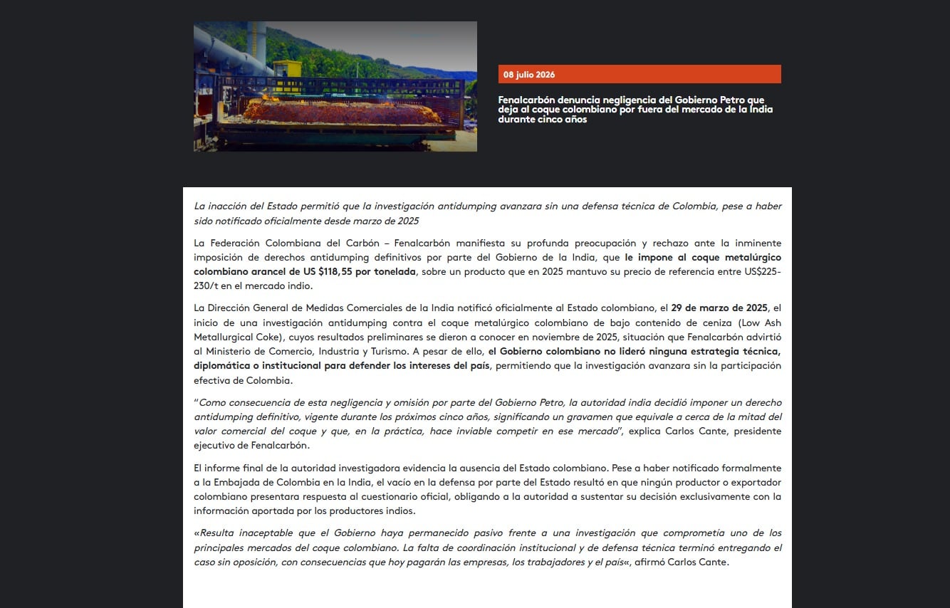 El gremio carbonero advierte que la medida podría afectar a empresas exportadoras, trabajadores y regiones vinculadas a esta industria-crédito Fenalcarbón