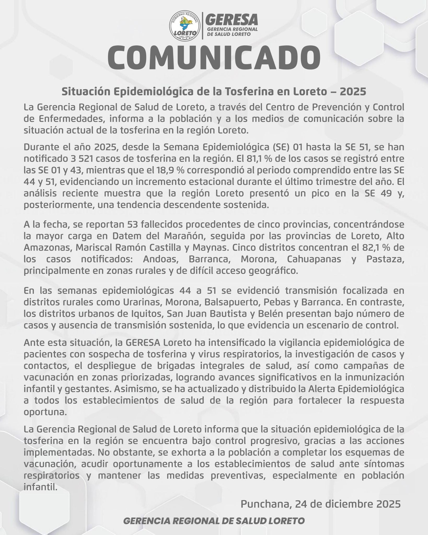 Autoridades de salud de Loreto informan 53 muertes infantiles por tos ferina. (Foto: FB/@Geresa Loreto)