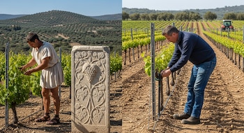 Composición dividida: un agricultor griego antiguo en viñedo con estela de uvas a la izquierda; un agricultor moderno en viñedo actual a la derecha.
