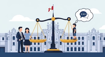 Ilustración de una balanza de la justicia con un niño en un platillo y sus padres al lado, frente al Poder Judicial de Perú y la bandera peruana, con burbuja de diálogo.