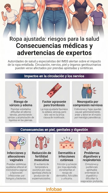 Infografía muestra figuras humanas y diagramas de órganos, detallando efectos nocivos de ropa ajustada en piernas, abdomen, piel y genitales.
