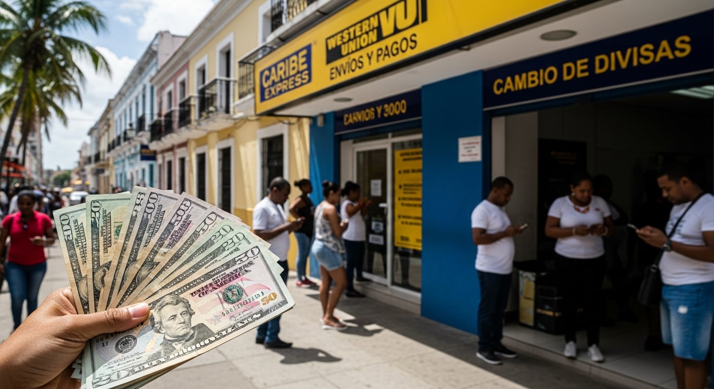 Una mano sostiene billetes de dólares estadounidenses frente a una oficina de cambio y envío de dinero, mientras personas esperan en la calle en República Dominicana, ilustrando el impacto de las remesas en la economía local. (Imagen Ilustrativa Infobae)