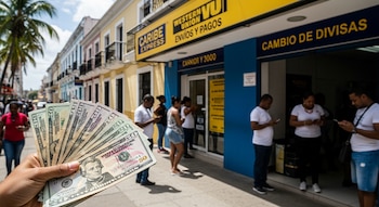 Una mano en primer plano exhibe varios billetes de dólares de distintas denominaciones. Al fondo, una calle con personas y una oficina de Western Union y Cambio de Divisas.