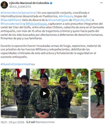Golpe al Clan del Golfo: detuvieron a su líder regional y desarticularon red criminal en el suroeste antioqueño - crédito @COL_EJERCITO/X