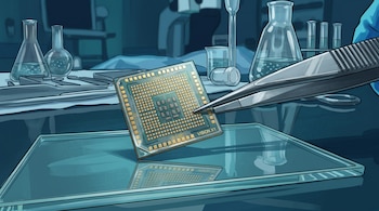 Ilustración de unas pinzas que sujetan un microchip etiquetado como Vision X1 frente a matraces y probetas de laboratorio.
