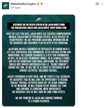 Publicación digital con un comunicado en letras blancas sobre fondo verde oscuro que detalla el parte médico del jugador Jalen Hurts