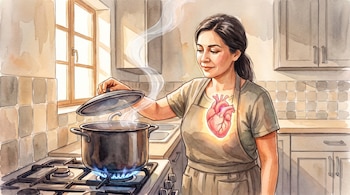 Ilustración de acuarela de una mujer con delantal simple abriendo una olla con vapor sobre una estufa de gas. Un corazón anatómico brilla en su pecho.