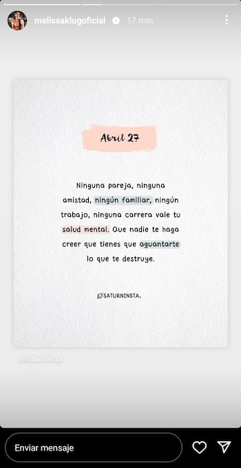 Melissa Klug publica mensaje en