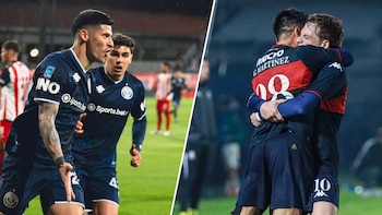 Montaje en diagonal con futbolistas en uniforme azul a la izquierda y dos jugadores abrazados con camiseta azul y roja a la derecha
