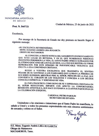 Carta de condolencias de parte