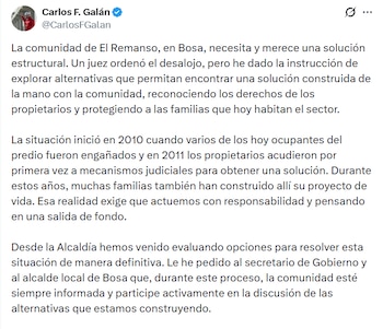 El alcalde Carlos Fernando Galán reafirma su compromiso con la búsqueda de una solución estructural, participativa y definitiva para las familias de El Remanso - crédito Carlos Fernando Galán/X