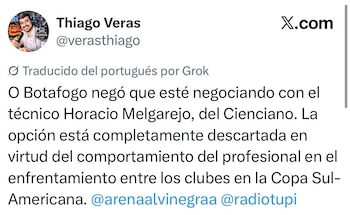 Periodista brasileño informó que Botafogo descartó estar negociando con Horacio Melgarejo.