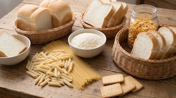 Sobre una mesa de madera se ven panes blancos, pasta seca (espagueti y penne), arroz blanco en un cuenco, cereales en un frasco y galletas.
