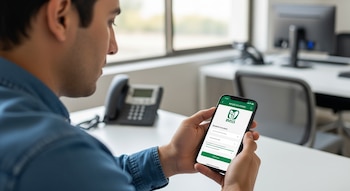 Primer plano de hombre sosteniendo un teléfono inteligente que muestra la aplicación del IMSS en una oficina con un escritorio y una silla.