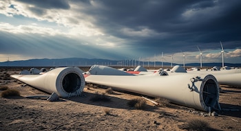 Grandes palas de aerogeneradores blancas desmanteladas yacen en un desierto. Turbinas eólicas activas se ven al horizonte bajo un cielo nublado con rayos de sol.