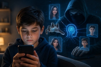 Un niño observa la pantalla de un teléfono inteligente mientras detrás figura un hombre encapuchado con un portátil y gráficos digitales.