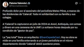 La senadora y precandidata presidencial Paloma Valencia expresó su rechazo por el crimen de Mateo Pérez y cuestionó la política de “paz total” - crédito Paloma Valencia/X