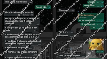 Introdução ao bate-papo do WhatsApp. Mensagens de texto sobre conflitos familiares por falta de escola e óculos. Animação de fundo, adesivo amarelo no assento.
