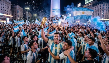 El prompt ideal para el Obelisco de Buenos Aires incluye multitud de hinchas argentinos, banderas, confeti, bengalas y una atmósfera nocturna.