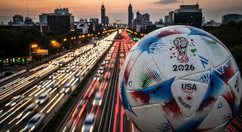 Balón del Mundial 2026 en primer plano, con logos de FIFA, USA, Canadá y México. Al fondo, tráfico con estelas de luces en una autopista de la Ciudad de México al atardecer.