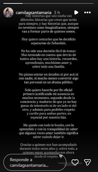 En el comunicado, la creadora de contenido decidió no revelar detalles del quiebre para evitar un conflicto expuesto - crédito @camilagsantamaria/Instagram