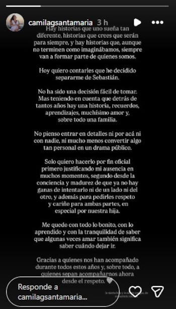 En el comunicado, la creadora de contenido decidió no revelar detalles del quiebre para evitar un conflicto expuesto - crédito @camilagsantamaria/Instagram