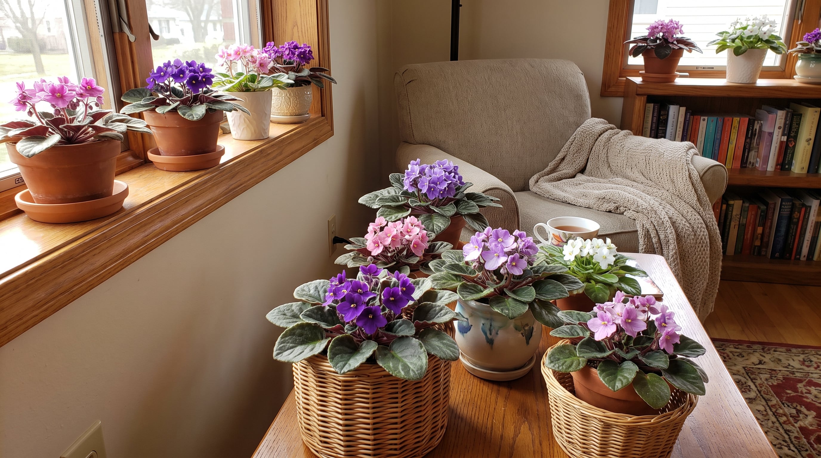 Diversas macetas con violetas africanas en flor permanecen dispuestas sobre una mesa de madera y el marco de una ventana en una sala. (Imagen Ilustrativa Infobae)