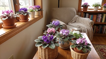 Macetas con violetas africanas de flores moradas, rosas y blancas sobre una mesa de madera, cerca de un sillón y una estantería de libros.