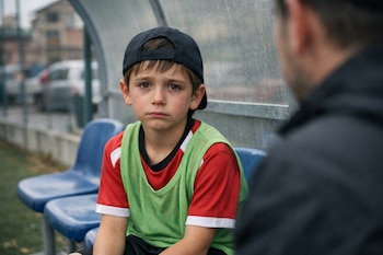 Niño con gorra negra, camiseta roja y peto verde, sentado en banco azul de banquillo de fútbol, con persona de espaldas en primer plano y fondo urbano desenfocado.